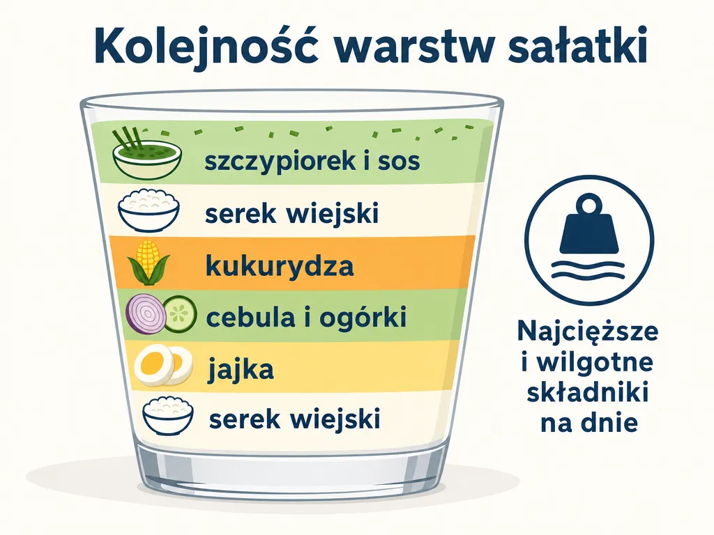Diagram przekroju warstwowej sałatki z serkiem wiejskim pokazujący kolejność warstw w pucharku