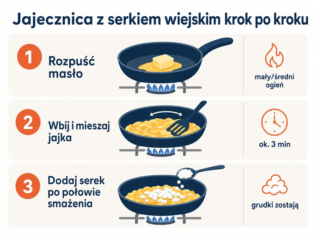 Infografika przedstawiająca trzy kroki przygotowania jajecznicy z serkiem wiejskim