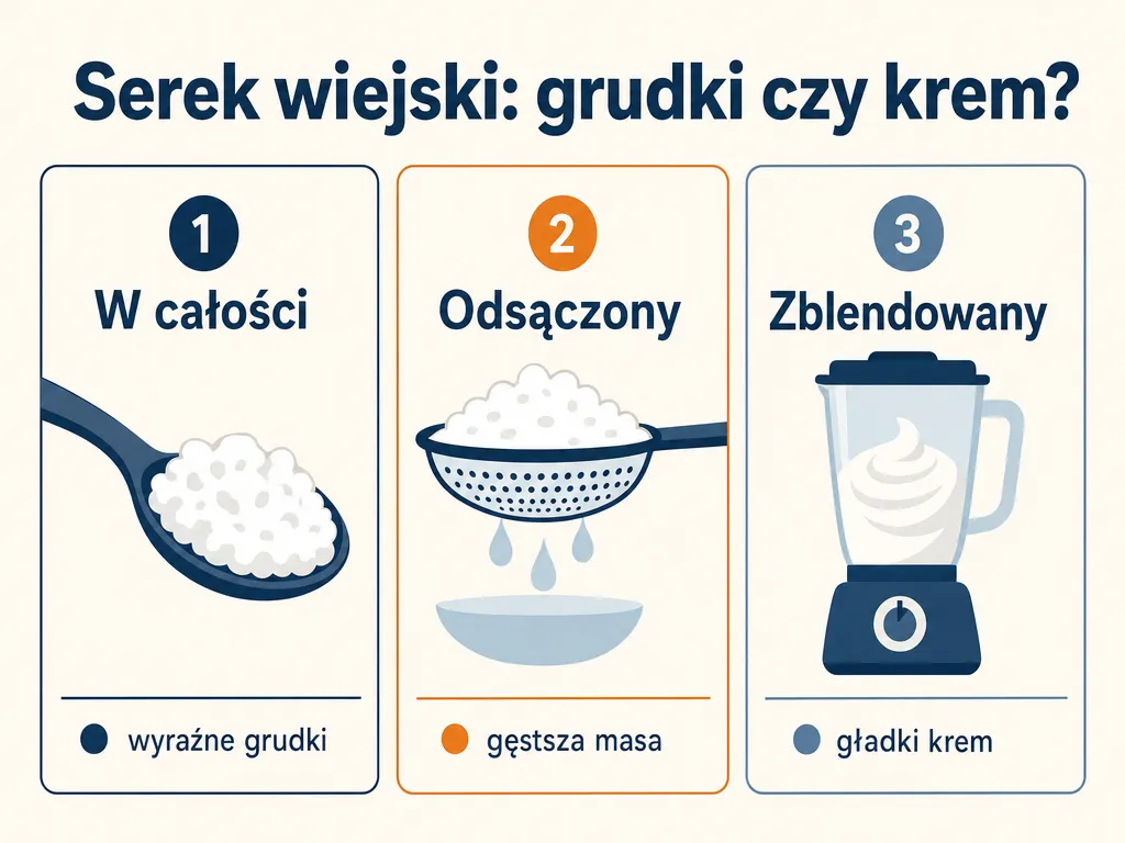 Infografika porównująca trzy metody przygotowania serka wiejskiego do jajecznicy: w całości, odsączony, zblendowany