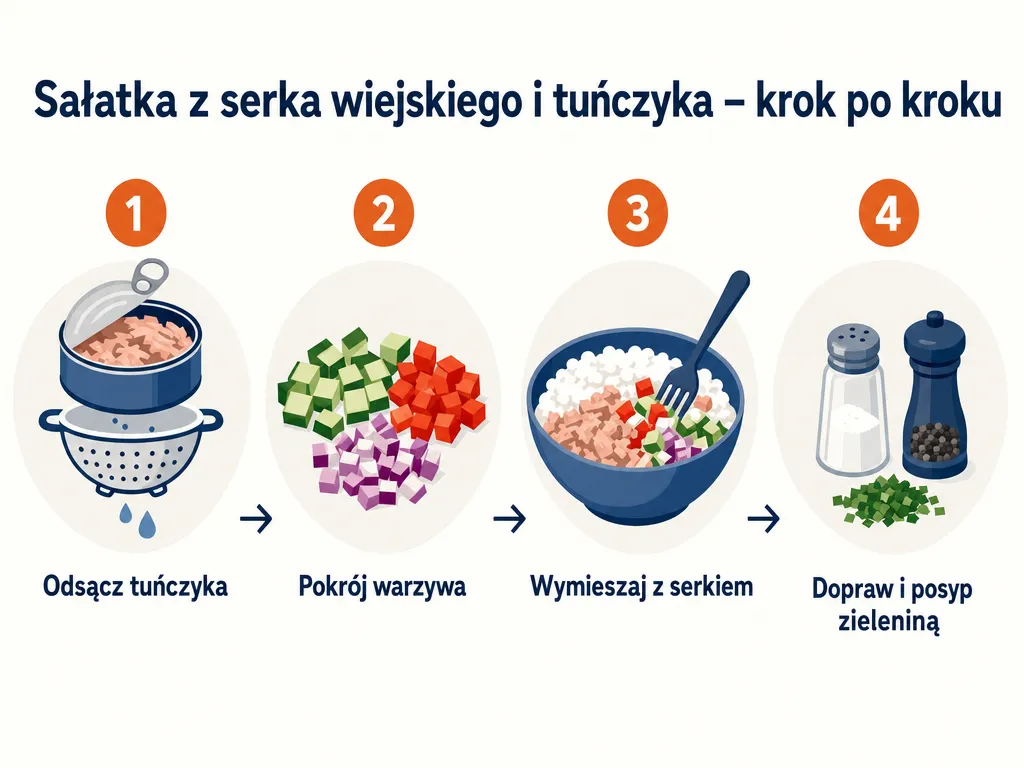 Infografika przedstawiająca cztery kroki przygotowania sałatki z serka wiejskiego i tuńczyka