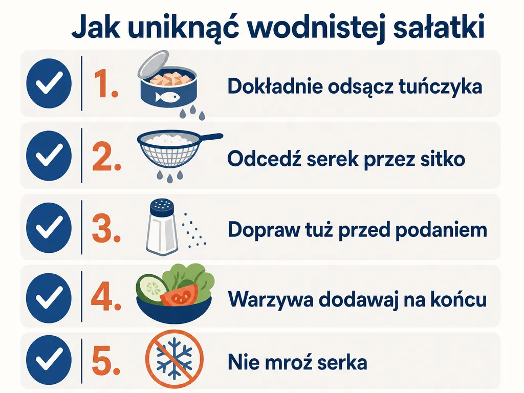 Infografika z pięcioma wskazówkami jak uniknąć wodnistej sałatki z serka i tuńczyka