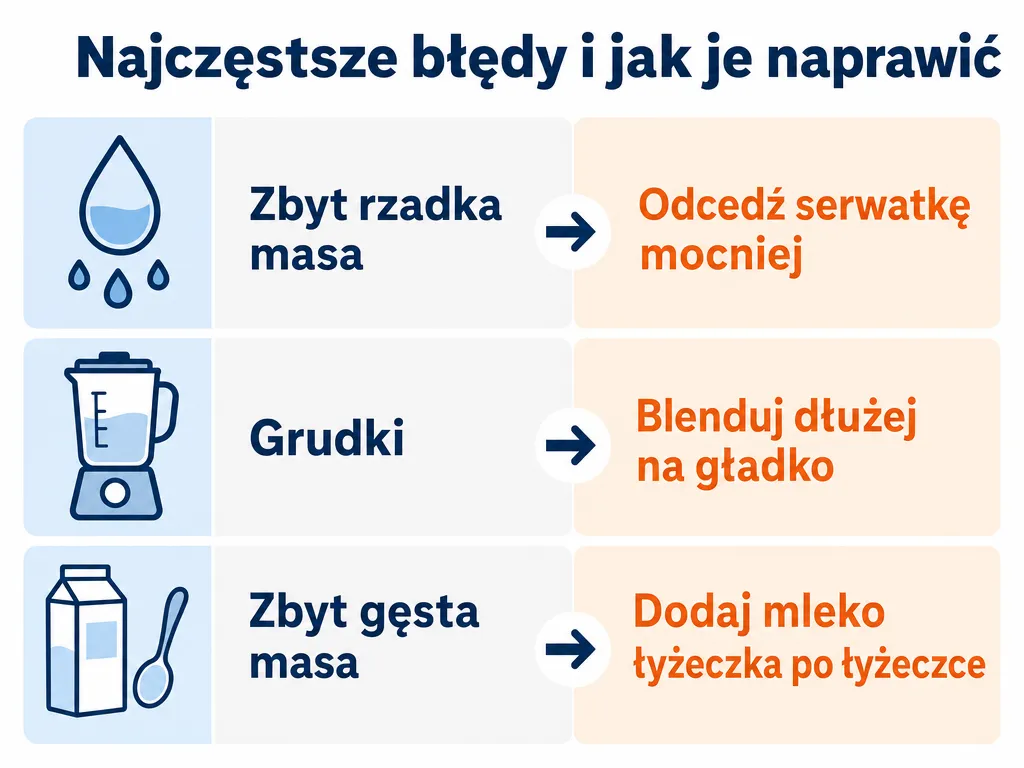 Infografika przedstawiająca trzy częste błędy przy robieniu majonezu z serka i sposoby ich naprawy