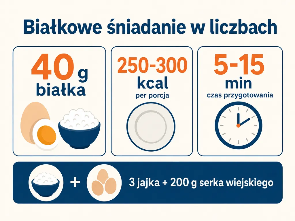 Infografika przedstawiająca wartości odżywcze porcji jajek gotowanych z serkiem wiejskim: 40 g białka, 250-300 kcal, 5-15 minut