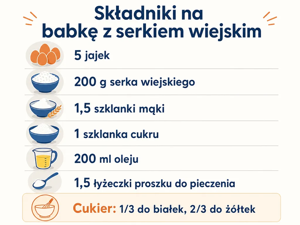 Infografika z listą składników na babkę z serkiem wiejskim wraz z proporcjami