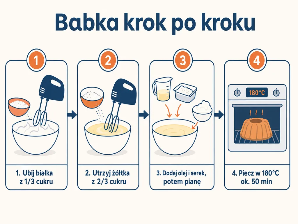Diagram czterech etapów przygotowania babki z serkiem wiejskim krok po kroku