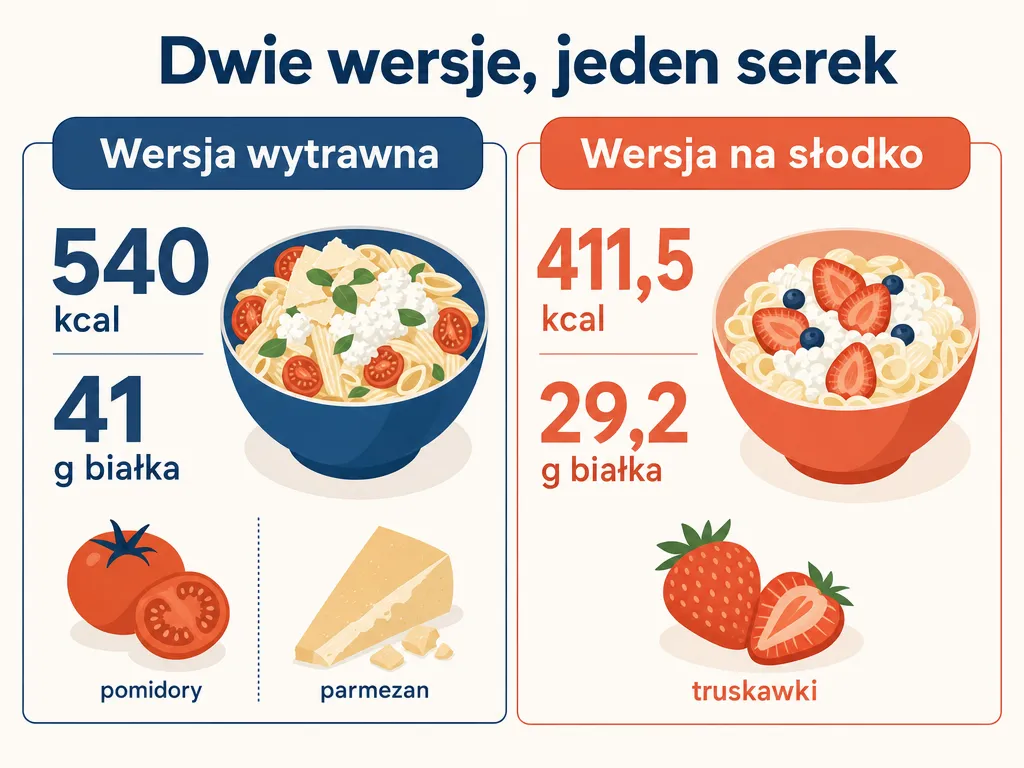 Infografika porównująca wartości odżywcze wersji wytrawnej i słodkiej makaronu z serkiem wiejskim
