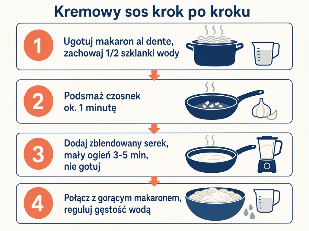 Diagram czterech kroków przygotowania kremowego sosu z serka wiejskiego