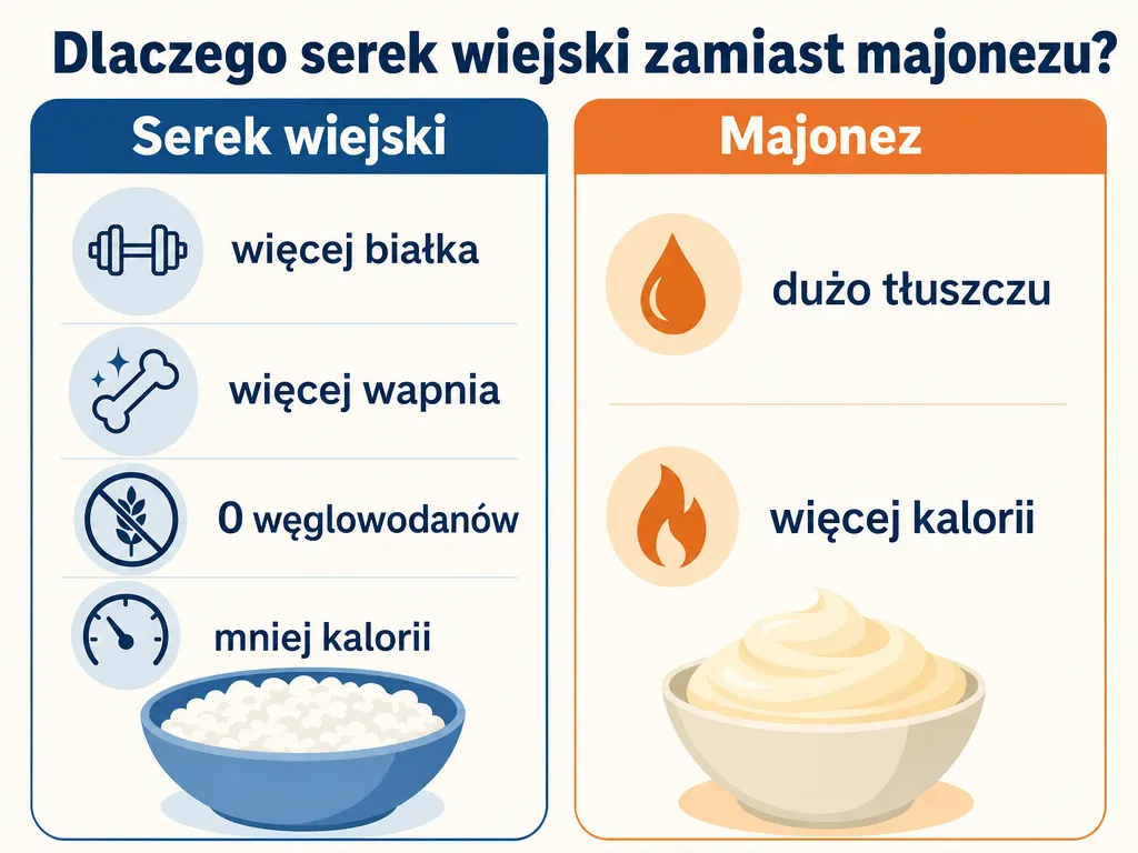 Infografika porównująca serek wiejski z majonezem jako bazę do pasty jajecznej