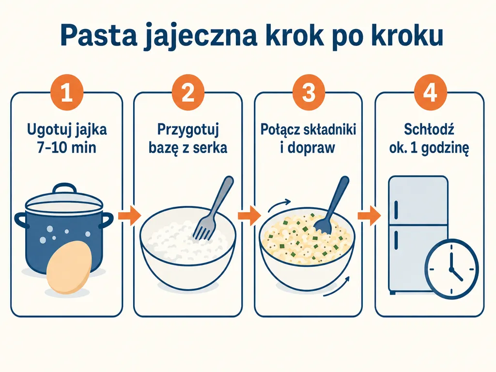 Diagram czterech kroków przygotowania pasty jajecznej z serkiem wiejskim