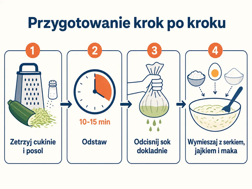 Diagram czterech kroków przygotowania cukinii z serkiem wiejskim: tarcie, solenie, odciskanie, mieszanie