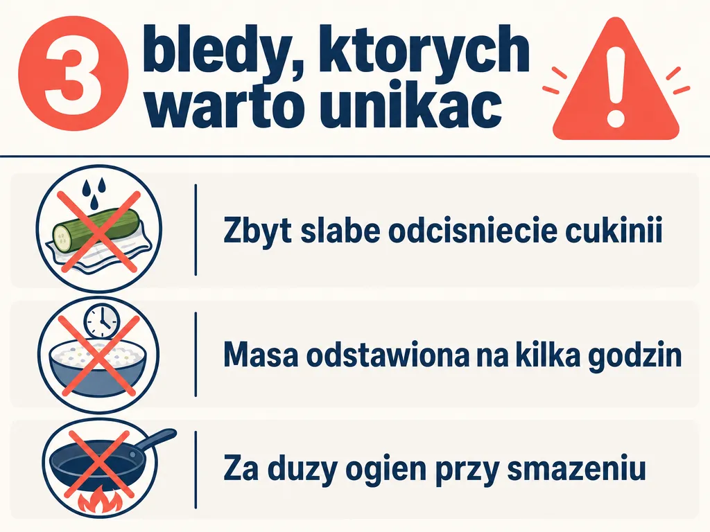 Infografika z trzema najczęstszymi błędami przy robieniu cukinii z serkiem wiejskim