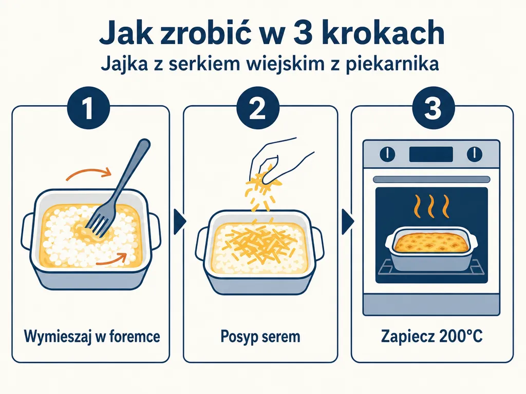Infografika pokazująca trzy kroki przygotowania jajek z serkiem wiejskim z piekarnika