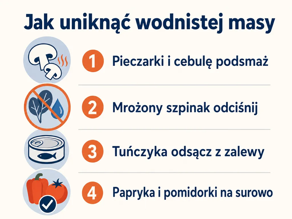 Infografika z listą zasad, jak uniknąć wodnistej masy w zapiekance z serkiem wiejskim