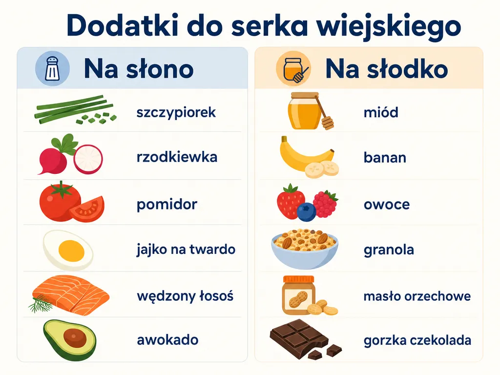 Infografika z dodatkami do serka wiejskiego podzielona na warianty na słono i na słodko