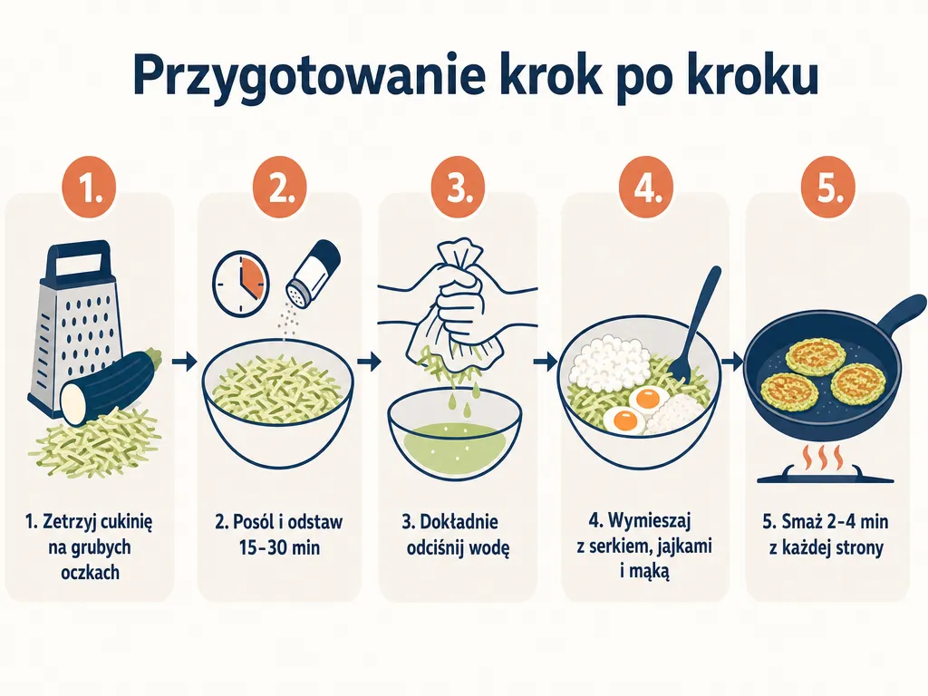 Diagram krok po kroku przygotowania placków z cukinii z serkiem wiejskim