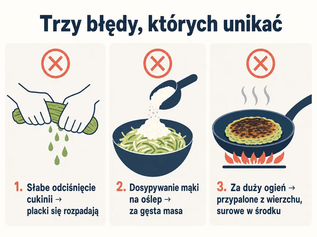 Infografika trzech błędów przy przygotowaniu placków z cukinii z serkiem wiejskim