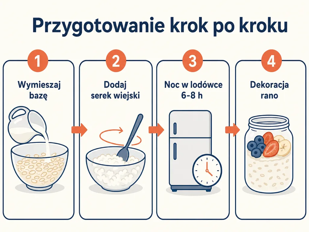 Diagram czterech kroków przygotowania nocnej owsianki z serkiem wiejskim wieczorem