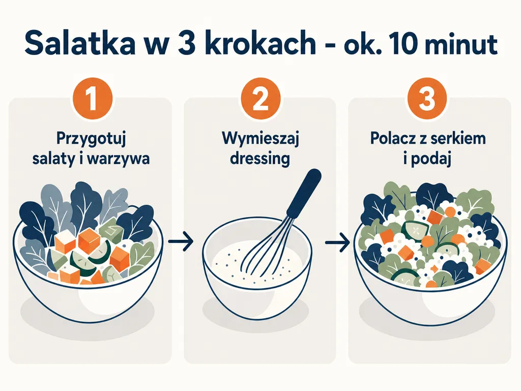 Infografika przedstawiajaca trzy kroki przygotowania salatki z serkiem wiejskim i mixem salat