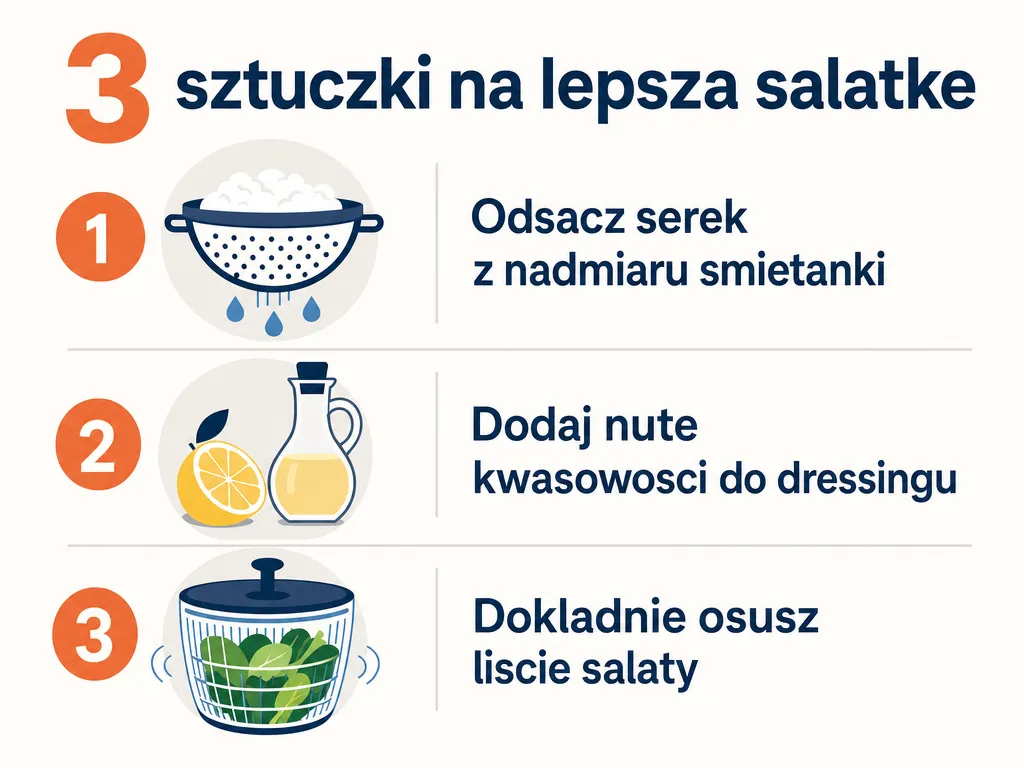 Infografika z trzema sztuczkami na lepsza salatke z serkiem wiejskim: odsaczanie serka, kwasowosc dressingu, osuszanie salaty