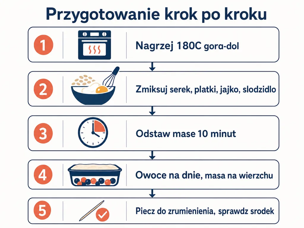 Diagram pięciu kroków przygotowania pieczonej owsianki z serkiem wiejskim