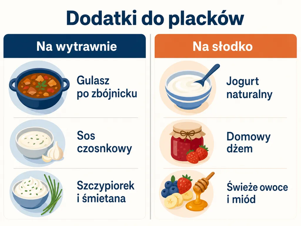 Infografika zestawiająca wytrawne i słodkie dodatki do placków ziemniaczanych z serkiem wiejskim