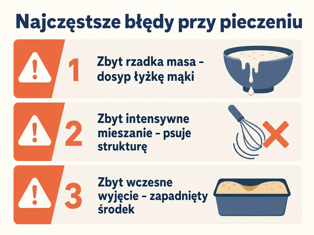 Infografika przedstawiająca trzy najczęstsze błędy przy pieczeniu chlebka bananowego