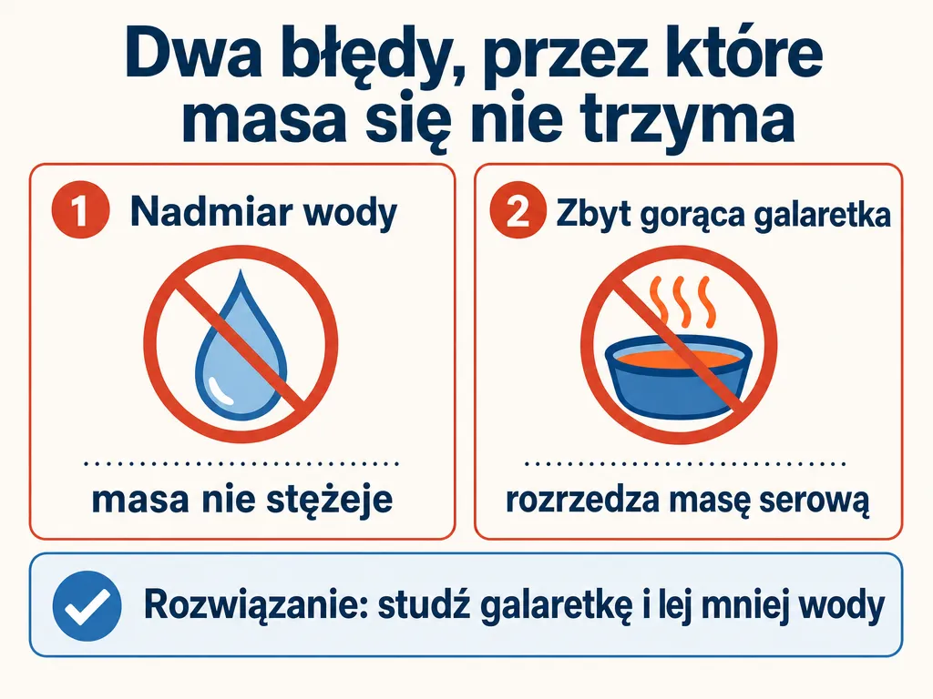 Infografika pokazująca dwa najczęstsze błędy przy galaretce z serkiem wiejskim: nadmiar wody i zbyt gorąca galaretka