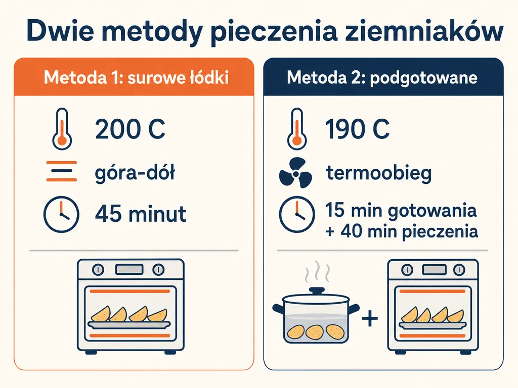 Infografika porownujaca dwie metody pieczenia ziemniakow z temperatura i czasem