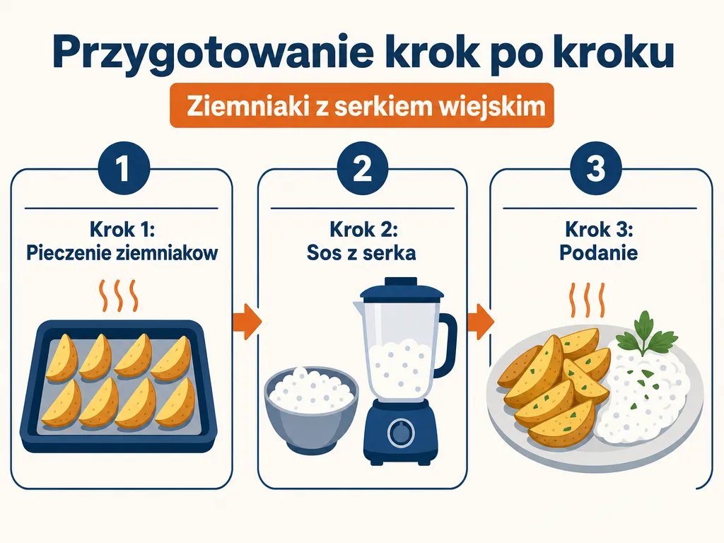 Infografika przedstawiajaca trzy kroki przygotowania ziemniakow z serkiem wiejskim